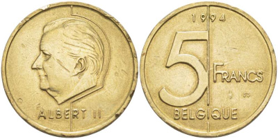 БЕЛЬГИЯ 5 ФРАНКОВ 1994 BELGIQUE, АЛЬБЕРТ II (1993-) KM 189 алюминиевая бронза 4379-1426