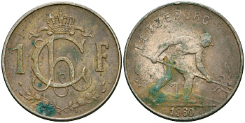 Люксембург 1 франк 1960 сталевар KM 46.2 медно-никель 4364-1836