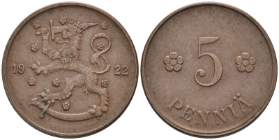 Финляндия 5 пенни 1922 KM 22 медь 96-334