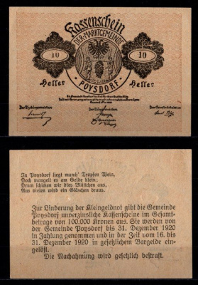 Австрия, Пойсдорф 10 геллеров 1920 Jaksc/Pick JPR0776a-10 бумага UNC (пресс) 2193-16-1-1