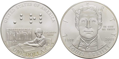 США 1 доллар 2009 Р, 200 лет со дня рождения Луи Брайля (1809-2009) KM 455 серебро UNC 00-00