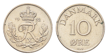 Дания 10 эре 1952 KM 841 медно-никель UNC 4705-736