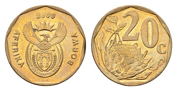 ЮАР 20 центов 2000 герб, цветок протея KM 225 сталь плакированная латунью UNC 4694-916