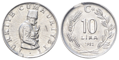 Турция 10 лир 1982 год-тип KM 950.1 алюминий UNC 4699-1223