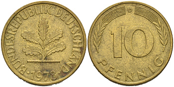 ФРГ 10 пфеннигов 1978 D KM 108, J.383 сталь плакированная латунью 4681-1142