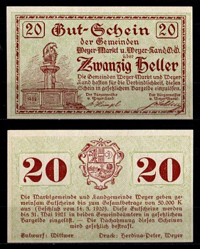 Австрия, Вейер-Маркт и Вейер-Ланд 20 геллеров 1920 Jaksc/Pick JPR1175-20 бумага UNC (пресс) 2193-11-1-2