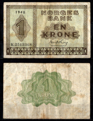 Норвегия 1 крона 1948 Pick 15 b бумага 7457-26-3-1