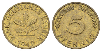 ФРГ 5 пфеннигов 1949 F KM 102, J. 377 сталь плакированная латунью 4697-552