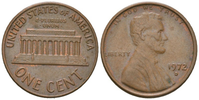 США 1 цент 1972 D, Авраам Линкольн KM 201 медь цинк 220-917