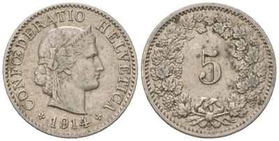 Швейцария 5 раппенов 1914 B KM 26 медно-никель 4160-547