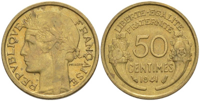 ФРАНЦИЯ 50 САНТИМОВ 1941 ТИП MORLON KM 894.1, LE FRANC 192.18 алюминиевая бронза 44-434