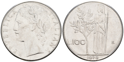 Италия 100 лир 1978 R, богиня Афина KM 96.1 нержавеющая сталь 259-151
