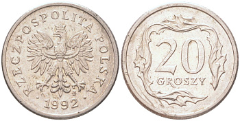 Польша 20 грошей 1992 Y 280 медно-никель UNC 4614-646
