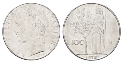 Италия 100 лир 1978 R, Афина в доспехах KM 96.1 нержавеющая сталь 4704-752