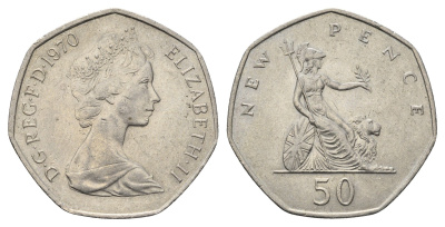 Великобритания 50 пенсов 1970 Елизавета II (1952-2022) KM 913, Spink 4223 (H1) медно-никель 4667-433