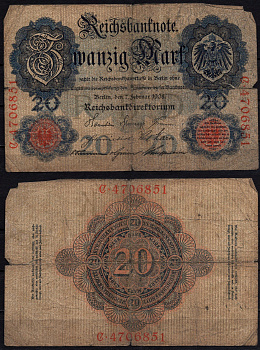 Германия 20 марок 1908 Pick 31 бумага 6293-30-2-2