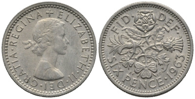 Великобритания 6 пенсов 1963 Елизавета II (1952-2022) KM 903, Spink 4149 медно-никель 192-649