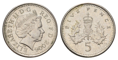 Великобритания 5 пенсов 2006 Елизавета II (1952-2022) KM 988, Spink 4670 (D5) медно-никель 4682-229