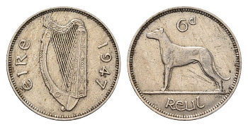 Ирландия 6 пенсов 1947 собака, ирландский волкодав KM 13a медно-никель 3851-1022