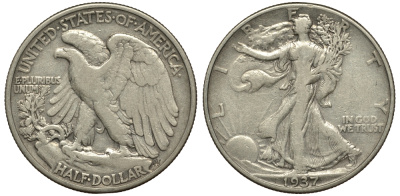 США 1/2 доллара (50 центов) 1937 шагающая свобода KM 142 серебро 413-243