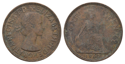 Великобритания 1 пенни 1962 Елизавета II (1952-2022) KM 897, Spink 4157 бронза 4140-315