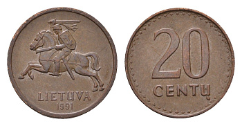 Литва 20 центов (сентов) 1991 KM 89 бронза 4694-1234
