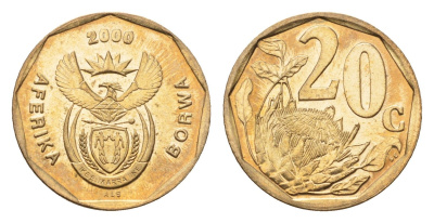 ЮАР 20 центов 2000 герб, цветок протея KM 225 сталь плакированная латунью UNC 4694-919