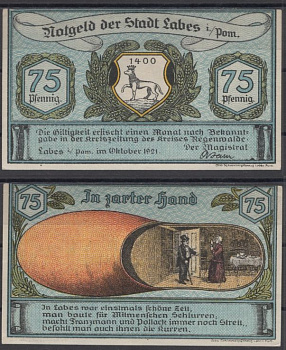 Лабес 75 пфеннигов 1921 DeNG 2 755.1d-2/4 бумага UNC (пресс) 8608-15-2-2