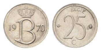 Бельгия 25 сантимов 1970 Belgie, Бодуэн I (1951-1993) KM 154 медно-никель 4705-352