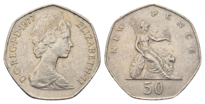 Великобритания 50 пенсов 1977 Елизавета II (1952-2022) KM 913, Spink 4223 (H1) медно-никель 4692-323
