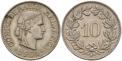 Швейцария 10 раппенов 1962 B KM 27 медно-никель 4189-364