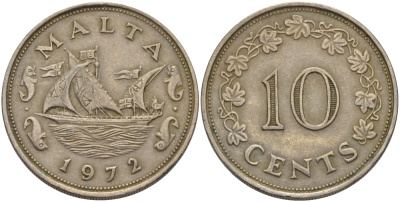 Мальта 10 центов 1972 баржа Великого магистра KM 11 медно-никель 82-416