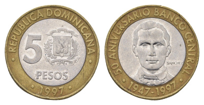 Доминикана (Доминиканская Республика) 5 песо 1997 50 лет Центробанку KM 88 биметалл 4698-746