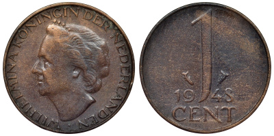 Нидерланды 1 цент 1948 Вильгельмина (1890-1948), год тип KM 175 бронза 71-113