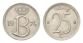 Бельгия 25 сантимов 1974 Belgie, Бодуэн I (1951-1993) KM 154 медно-никель 4705-359