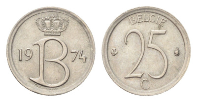 Бельгия 25 сантимов 1974 Belgie, Бодуэн I (1951-1993) KM 154 медно-никель 4705-359