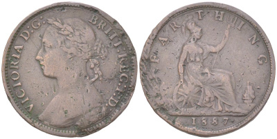 Великобритания 1 фартинг 1887 Виктория (1837-1901) KM 753, Spink 3958 бронза 4613-435