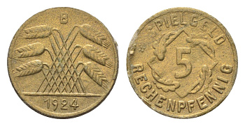 Германия игровой жетон в 5 рентенпфеннигов 1924 диаметр 18 мм, вес 0,2 гр картон 4702-1012