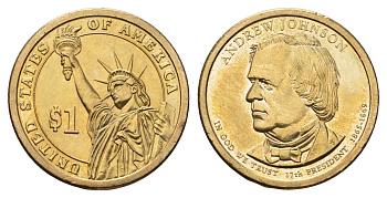 США 1 доллар 2011 P, Президент США - Эндрю Джонсон (1865-1869) KM 499 медь с марганцево-латунным покрытием UNC 4698-934