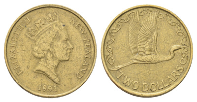Новая Зеландия 2 доллара 1991 Елизавета II (1952-2022), большая белая цапля KM 79 алюминиевая бронза 4706-626