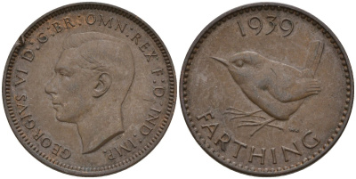 Великобритания 1 фартинг 1939 Георг VI (1936-1952) KM 843, Spink 4116 бронза 4596-1022