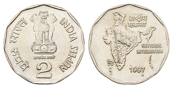 Индия 2 рупии 1997 KM 121.3 медно-никель UNC 4699-354