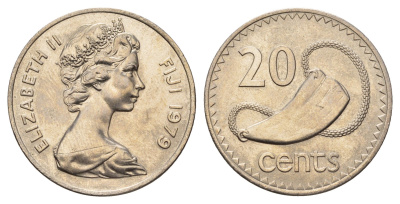 Фиджи 20 центов 1979 Елизавета II (1952-2022), китовый зуб KM 31 медно-никель UNC 4545-435
