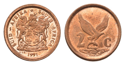 ЮАР 2 цента 1991 орел с рыбой KM 133 сталь плакированная медью UNC 4694-247