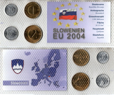 Словения набор из 4 монет (10 и 20 стотинов, 1 и 2 толара) 1992, 1993 и 1995 в красочной упаковке с информацией о стране KM 4, 5, 7 и 8 UNC 5-4-1-28