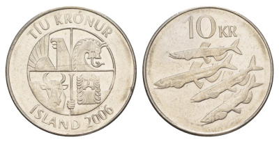 Исландия 10 крон 2006 рыбы KM 29.1a сталь плакированная никелем aUNC 4646-1217