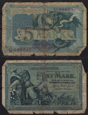 Германия 5 марок 1904 Женщина с младенцем, на обратной стороне дракон с чашей Pick 8 бумага 8602-34-3-1