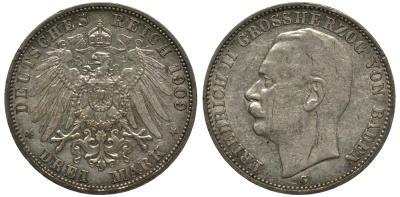 Баден 3 марки 1909 Фридрих II (1907-1918) J. 39, KM 280 серебро    3711-1633