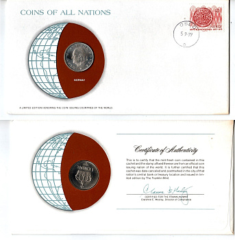 Норвегия 1 крона 1979 конверт с маркой первого дня гашения, Coins of Nations KM 419 медно-никель UNC 4295-4-3