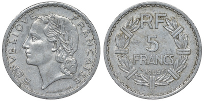 Франция 5 франков 1945 В, open 9 KM 888b.2, Le Franc 339.4 алюминий 4123-525